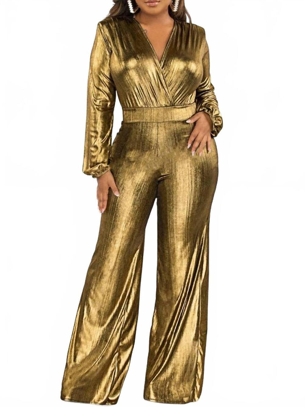 NEW VIVIDLUX metallic bodycon shinny jumpsuit in gold